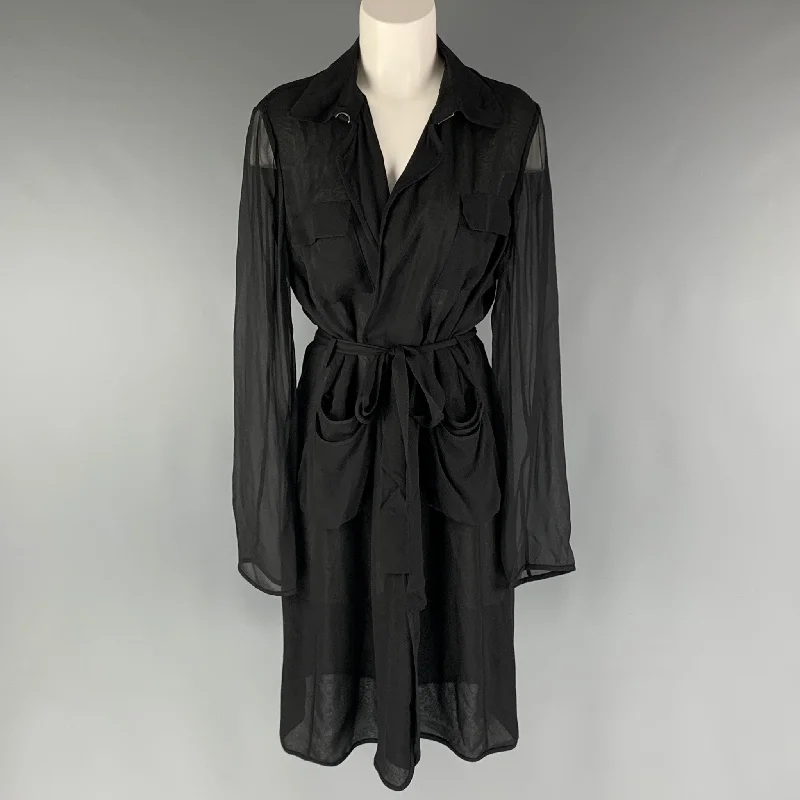 DIANE VON FURSTENBERG Size S Black See Through Belted Trench Coat Jersey Tulle Batik