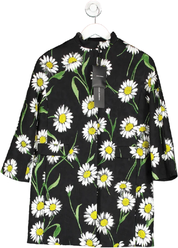 Dolce & Gabbana Black Daisy-print Topper Coat UK 10 Bomber Denim Leather