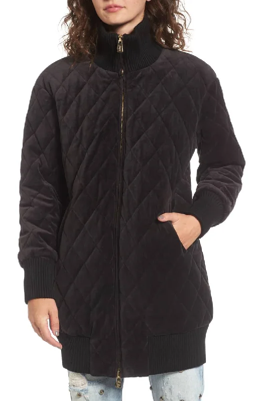 JUICY COUTURE Black Label Women's Black Velour Quilted Coat $298 NWT Fitted Loose Oversized