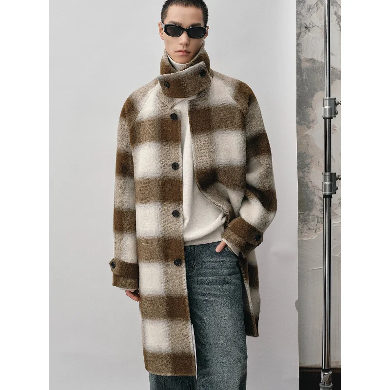 Long Coat With Wide Plaid Wool Mesh Canvas Denim