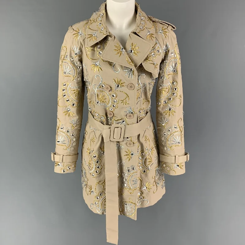 MANOUSH Size 4 Khaki Silver Gold Cotton Embroidered Trench Coat Stand-Up Roll-Neck Turtle