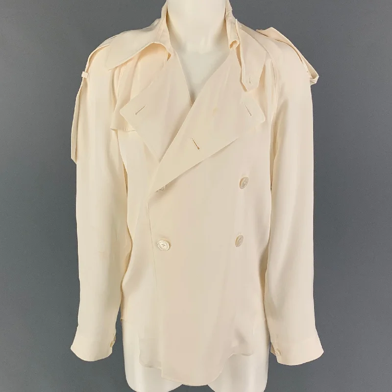 RALPH LAUREN Collection Size 4 Cream Silk Double Breasted Trench Coat Welt Pockets Slit Pockets Flap Pockets