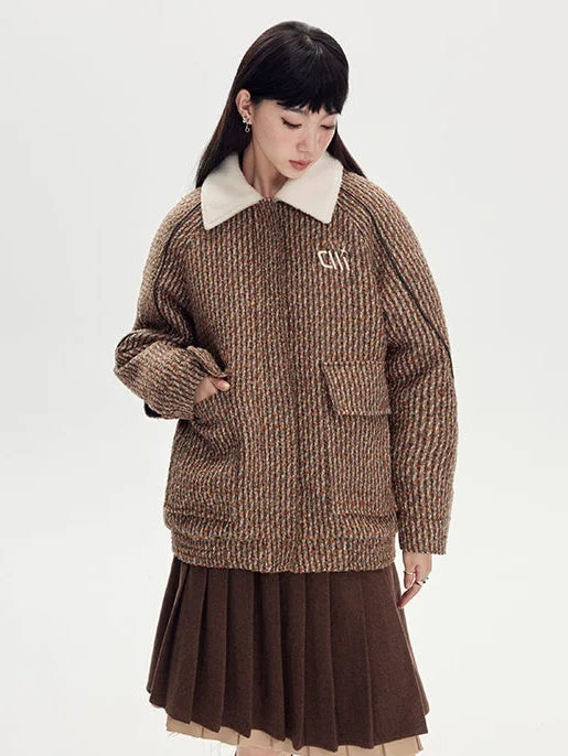 Retro Padded Short Coat With Lambskin Collar Boat Neck Jacket Square Neck Jacket One-Shoulder Jacket