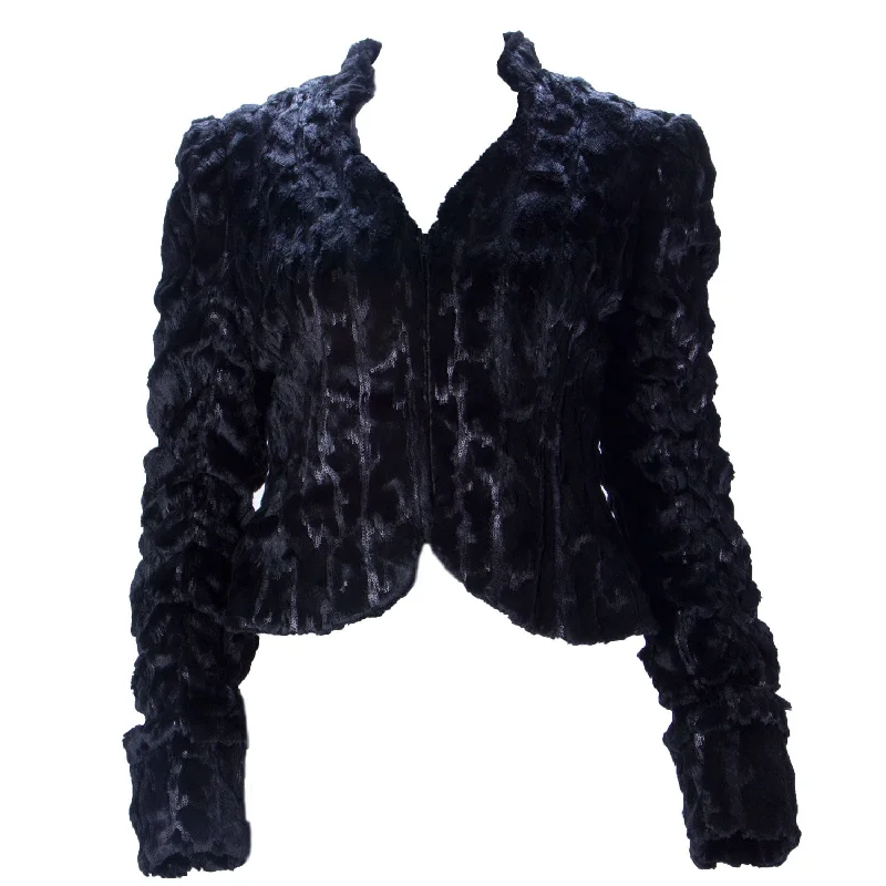 STEVIE MAC Women's Black Faux Fur/Sequin Cropped Coat #7401 $395 NWT Asymmetrical Collar Hooded Zippered