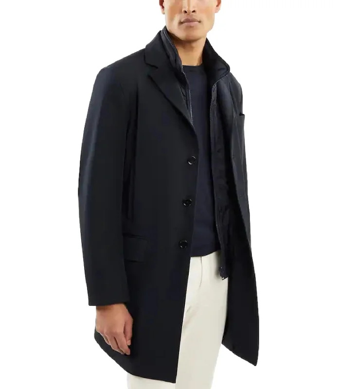 Double Coat in Gabardine Tecnico Stretch blu Peter Pan Collar Cowl Neck Turtleneck