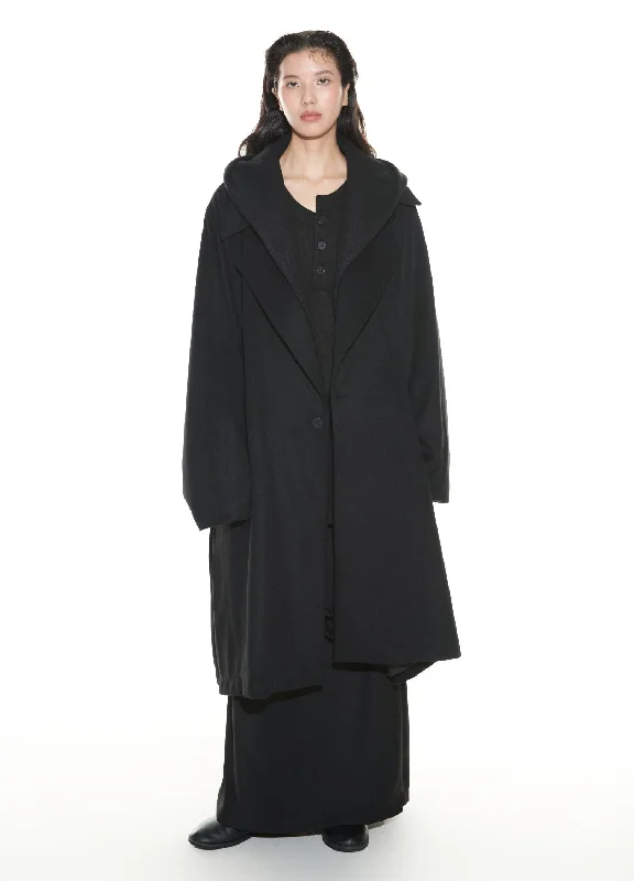 Vapour Blue Double Layer Notch Lapel Overcoat With Removable Hood Cotton Linen Terry