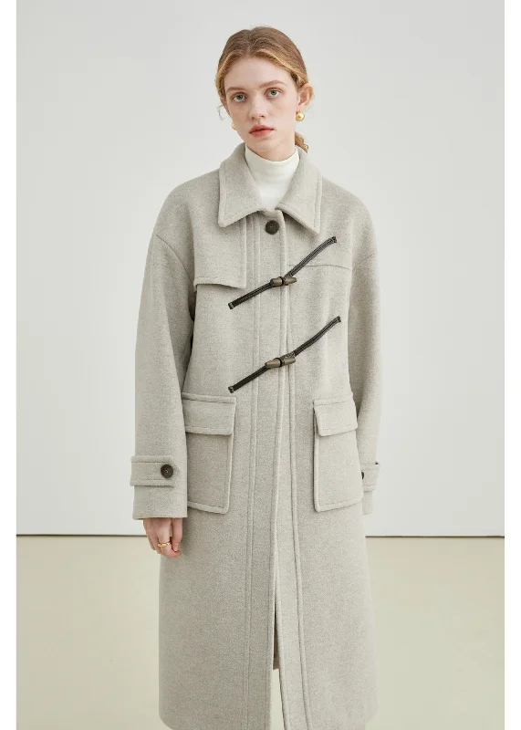 Winter Thick Woolen Coat With Horn Buttons Denim Leather Suede